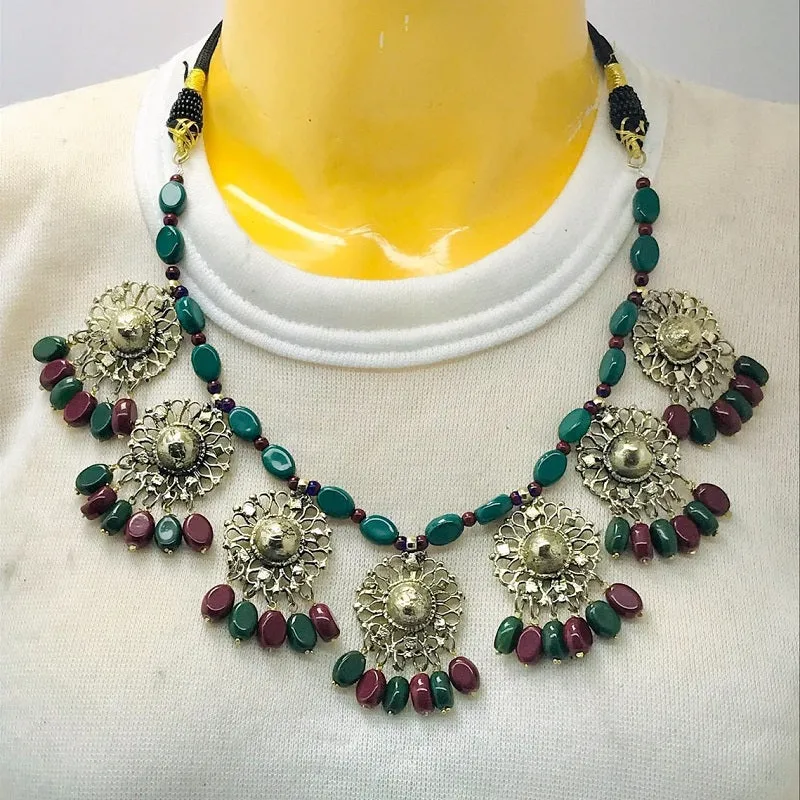 Beaded Stone Motifs Choker Necklace With Earrings Jewelry Set