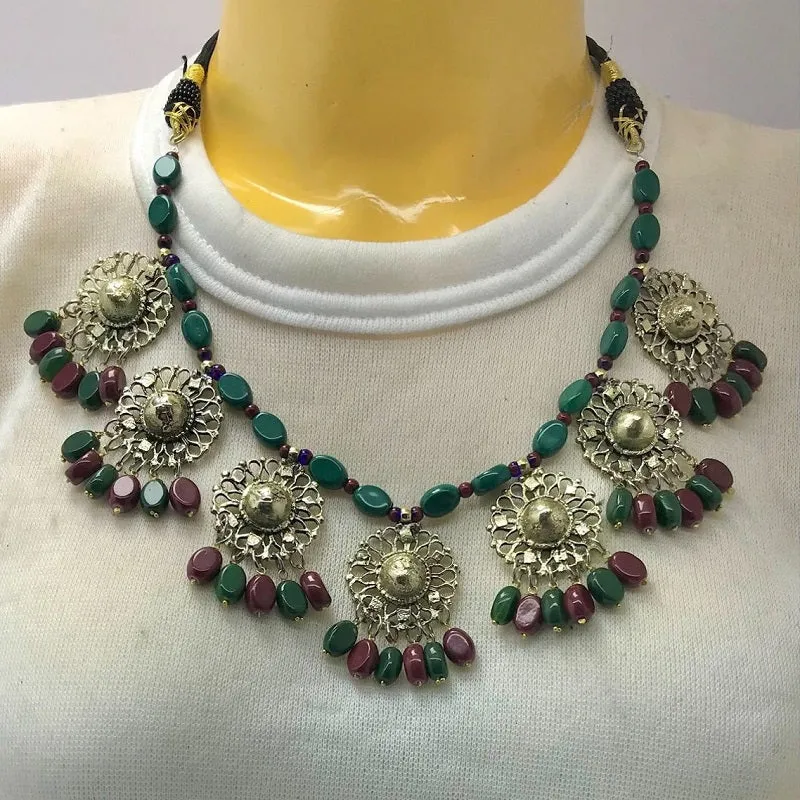 Beaded Stone Motifs Choker Necklace With Earrings Jewelry Set