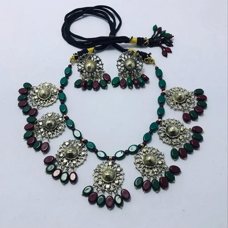 Beaded Stone Motifs Choker Necklace With Earrings Jewelry Set