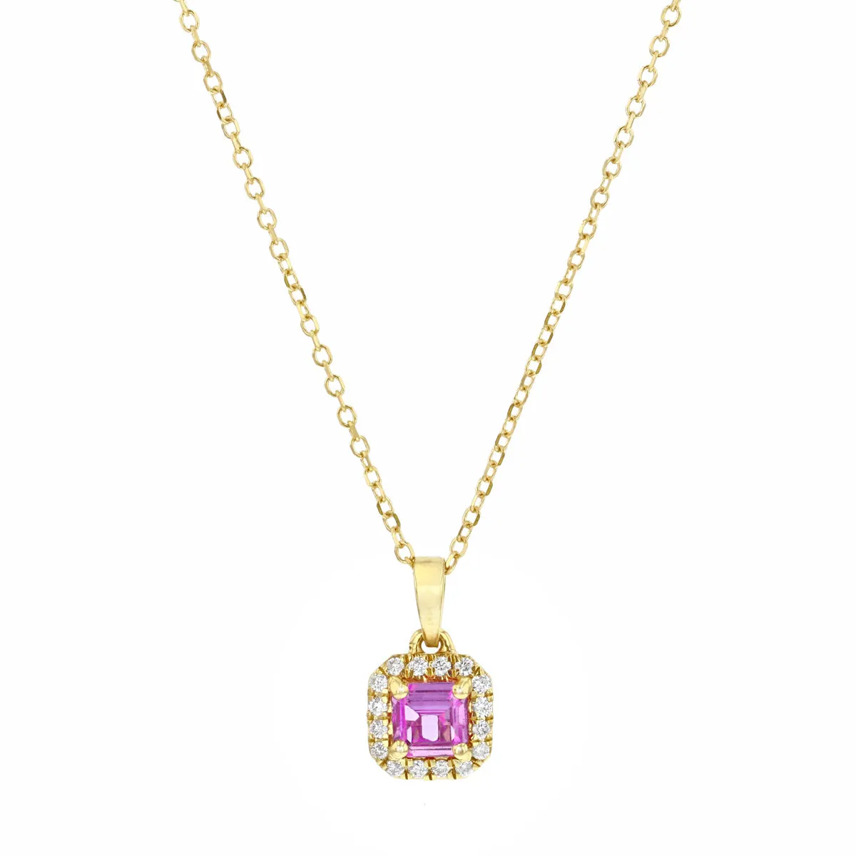 Bijou Collection 0.38ct Pink Sapphire & Diamond Cushion Halo Pendant | 18K Yellow Gold