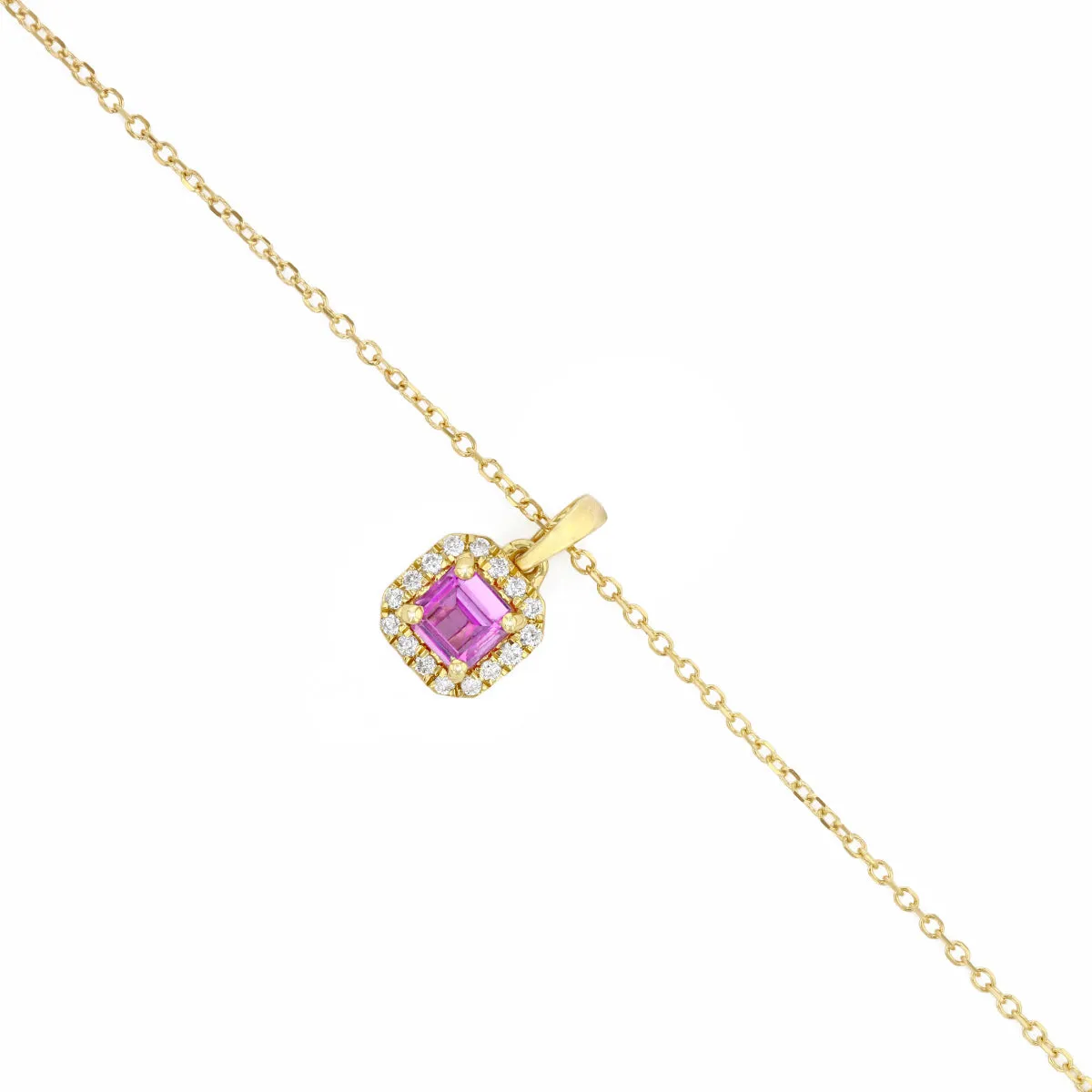 Bijou Collection 0.38ct Pink Sapphire & Diamond Cushion Halo Pendant | 18K Yellow Gold