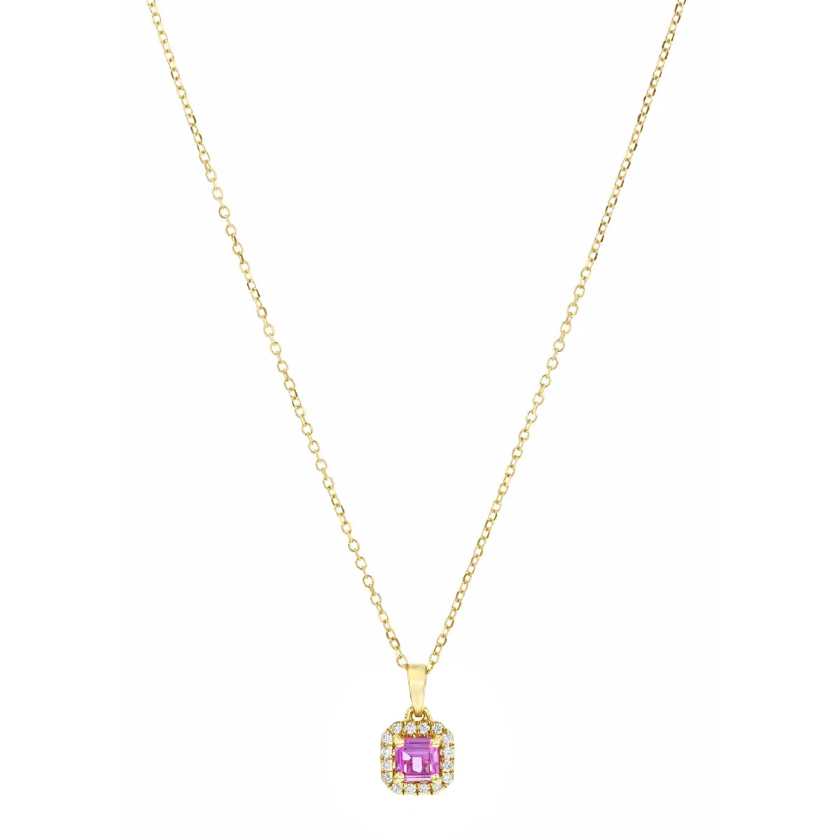 Bijou Collection 0.38ct Pink Sapphire & Diamond Cushion Halo Pendant | 18K Yellow Gold