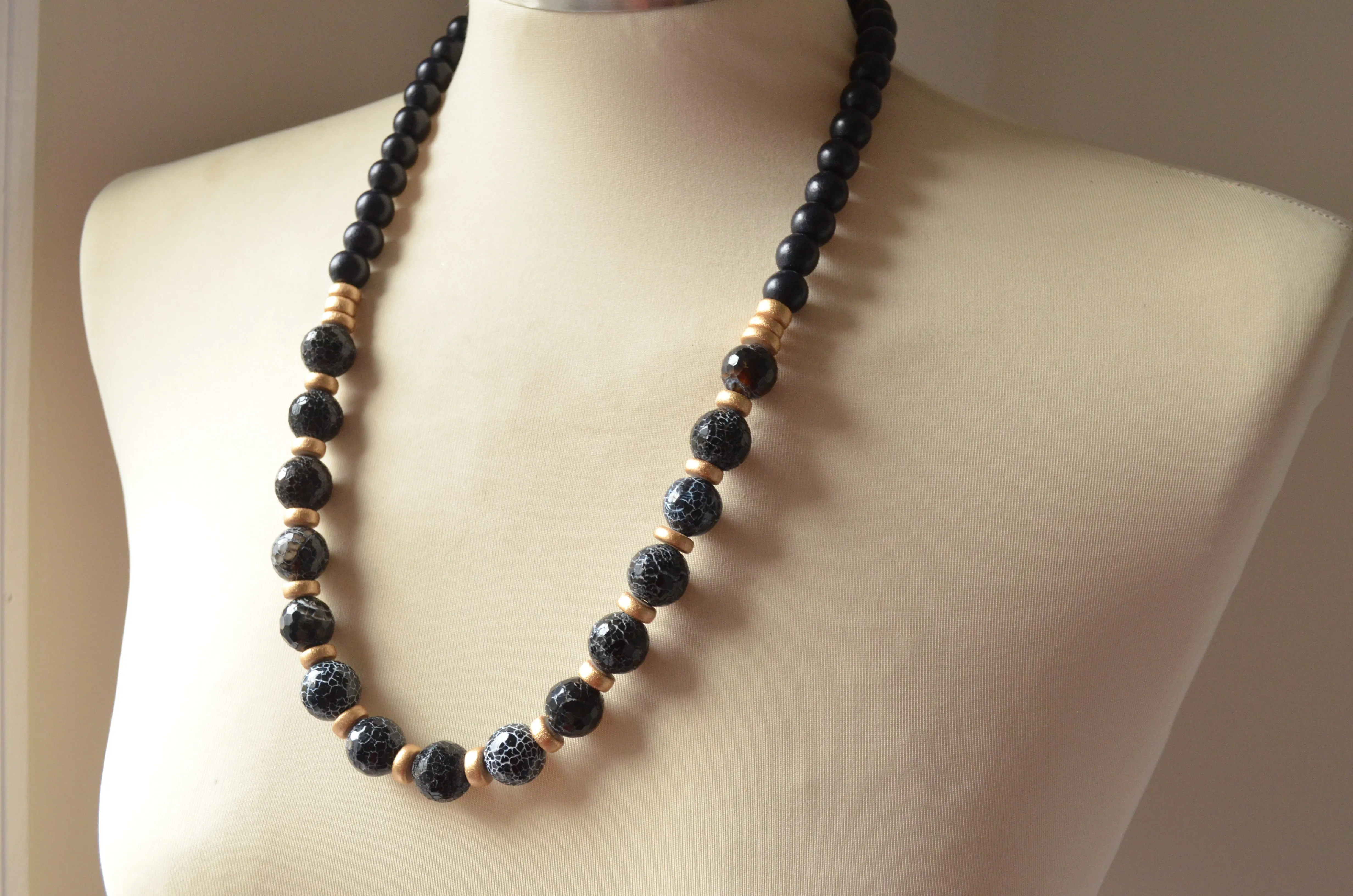 Black Gold Long Bead Chunky Agate Wood Statement Necklace - Mollie