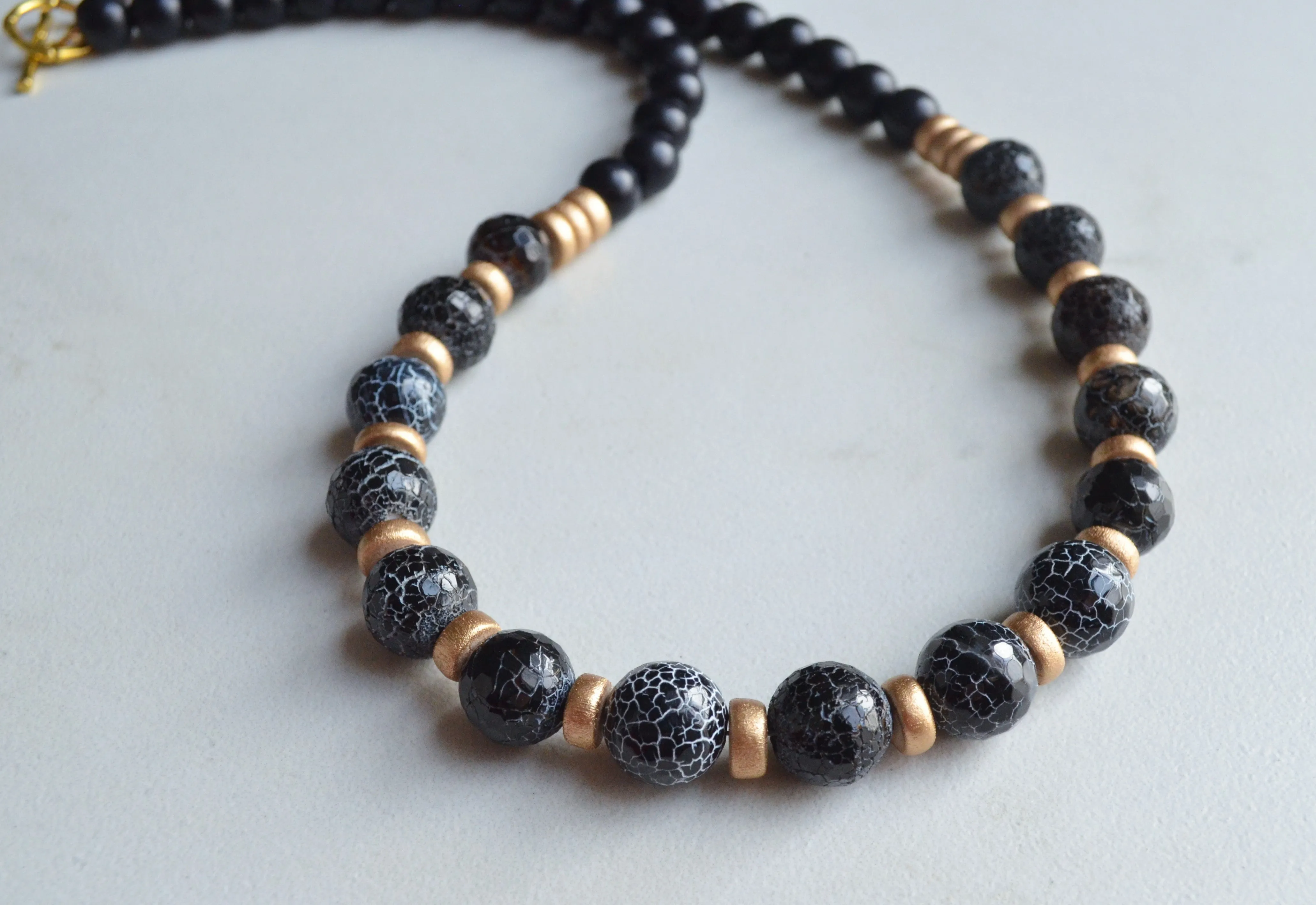 Black Gold Long Bead Chunky Agate Wood Statement Necklace - Mollie