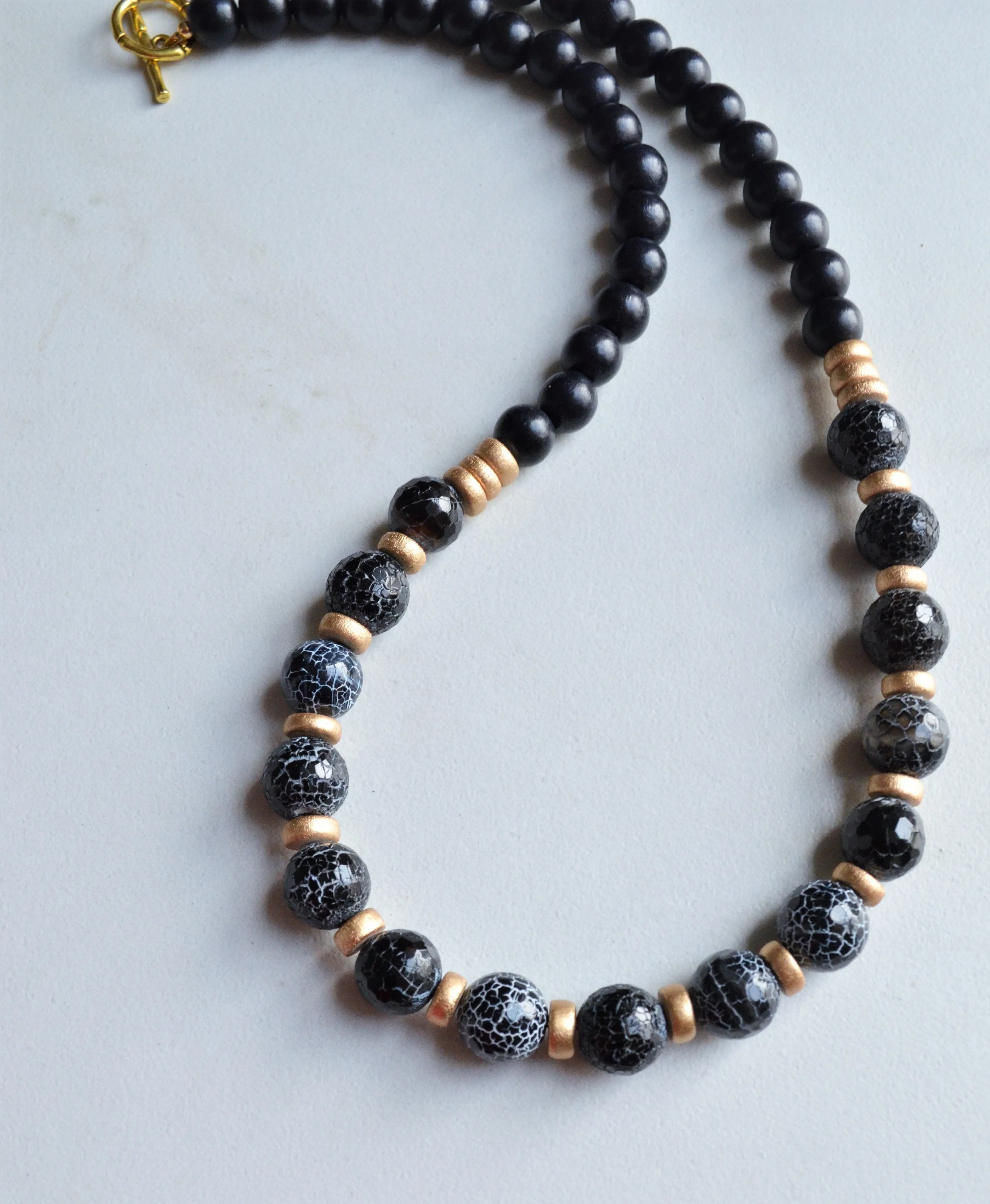 Black Gold Long Bead Chunky Agate Wood Statement Necklace - Mollie