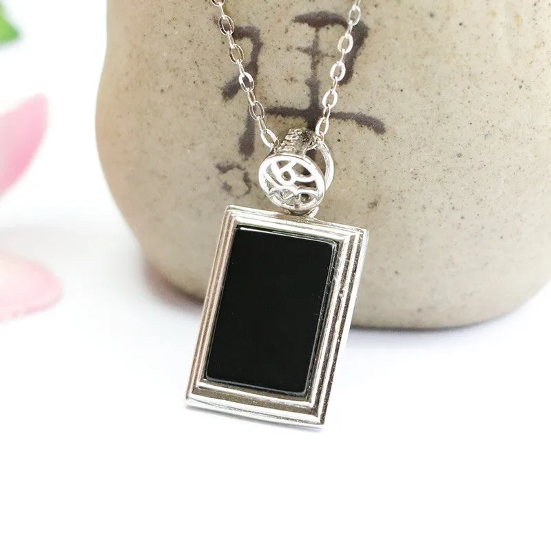 Blackish Green Natural Jade Rectangle Sterling Silver Pendant Necklace