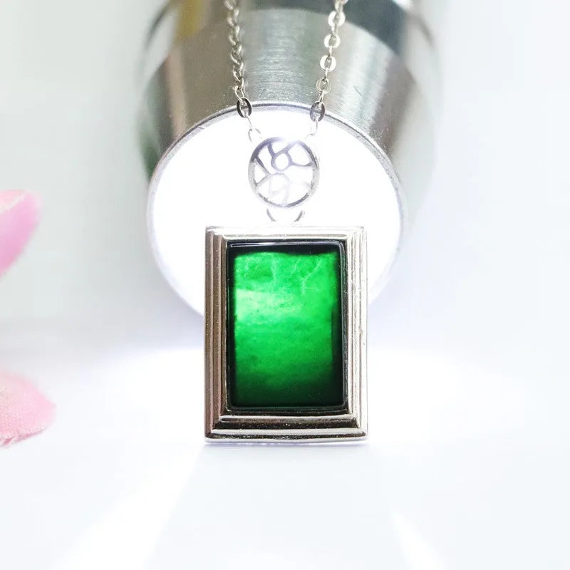 Blackish Green Natural Jade Rectangle Sterling Silver Pendant Necklace