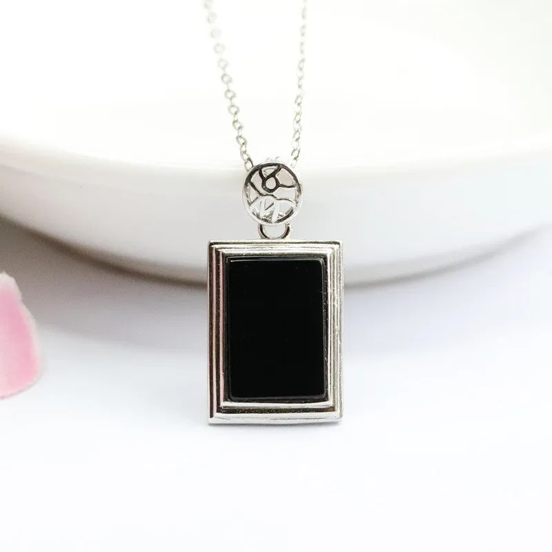 Blackish Green Natural Jade Rectangle Sterling Silver Pendant Necklace