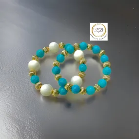 Blue Amazonite and Alabaster Gemstone Gold Bracelet Stack Set