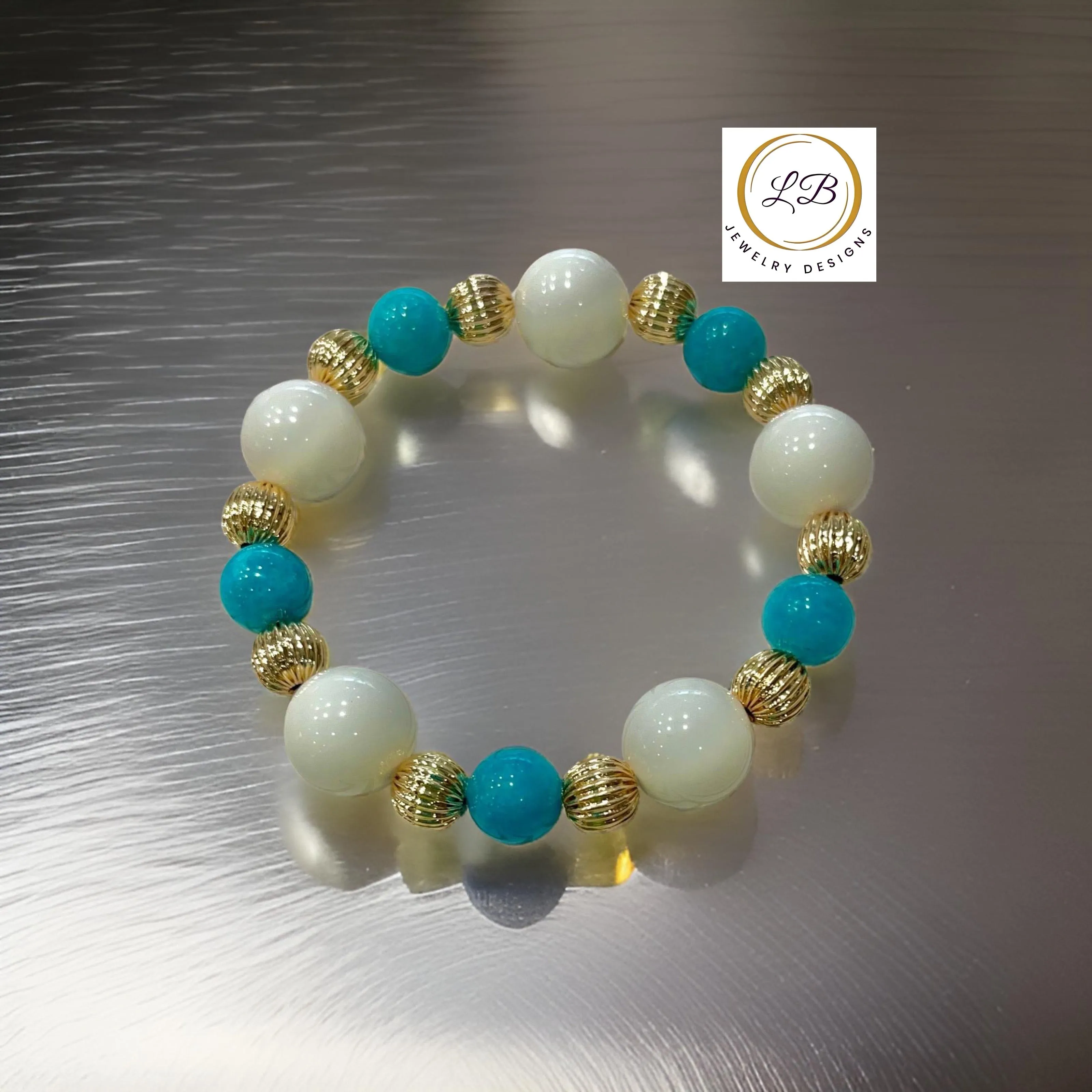 Blue Amazonite and Alabaster Gemstone Gold Bracelet Stack Set