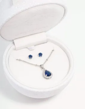 Blue Cubic Zirconia Silver Necklace & Stud Earrings Set