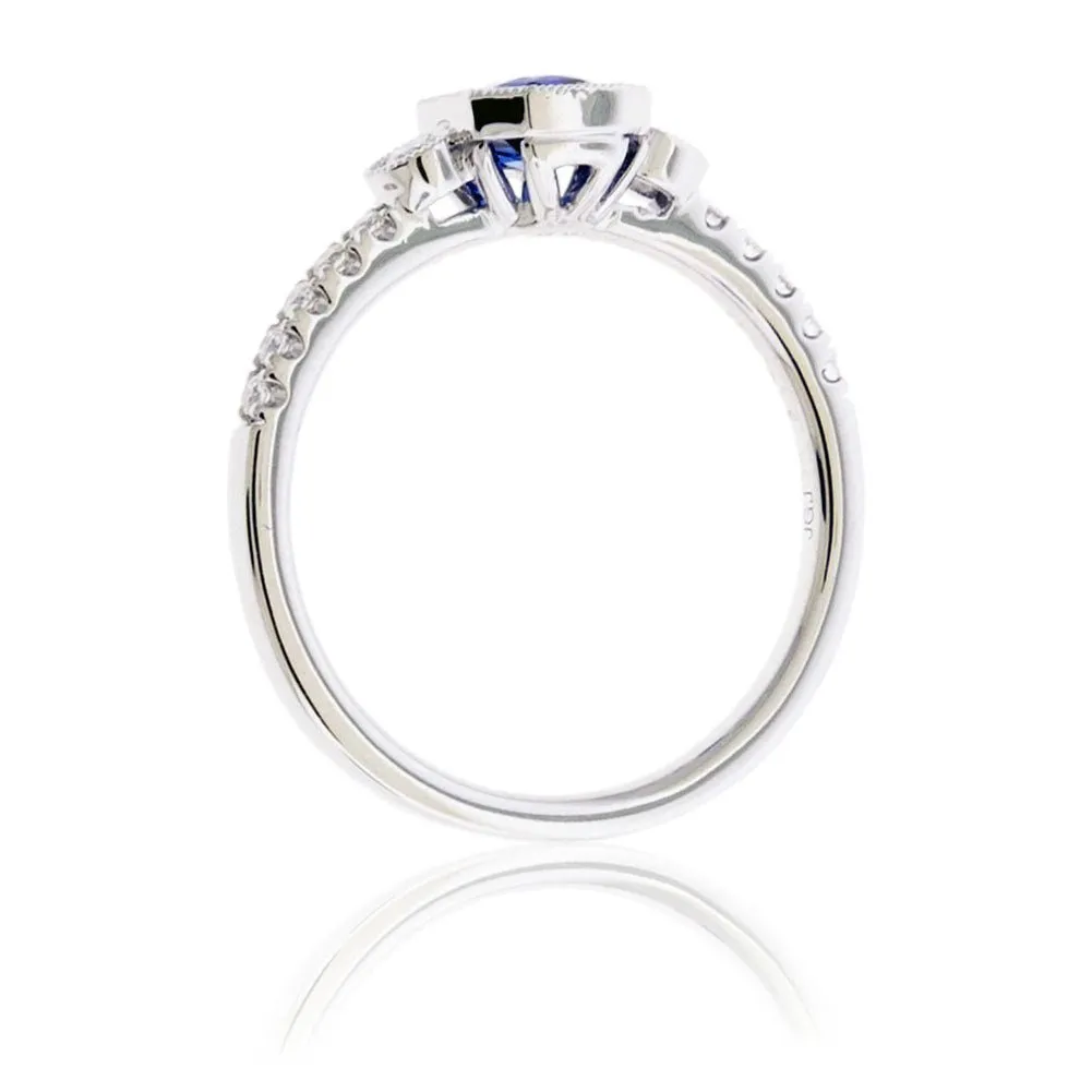 Blue Sapphire and Milgrain Halo & Diamond Accented Ring