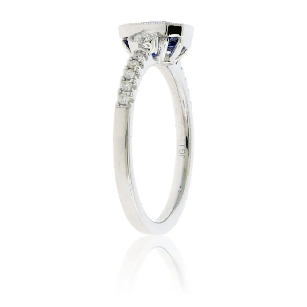 Blue Sapphire and Milgrain Halo & Diamond Accented Ring