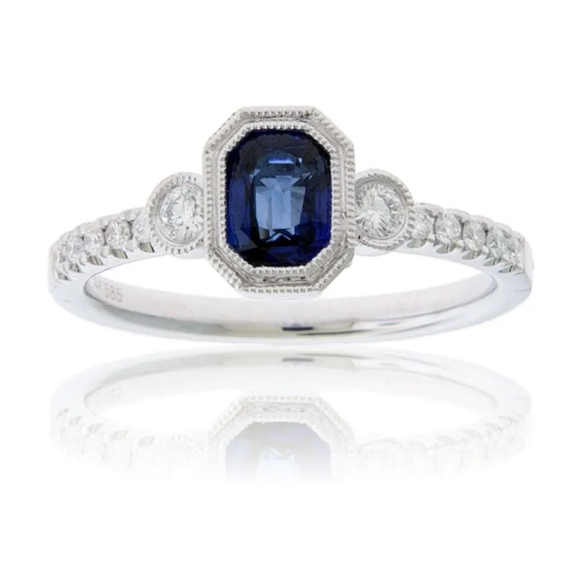 Blue Sapphire and Milgrain Halo & Diamond Accented Ring