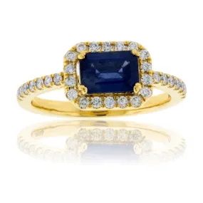 Blue Sapphire East West and Diamond Halo Ring