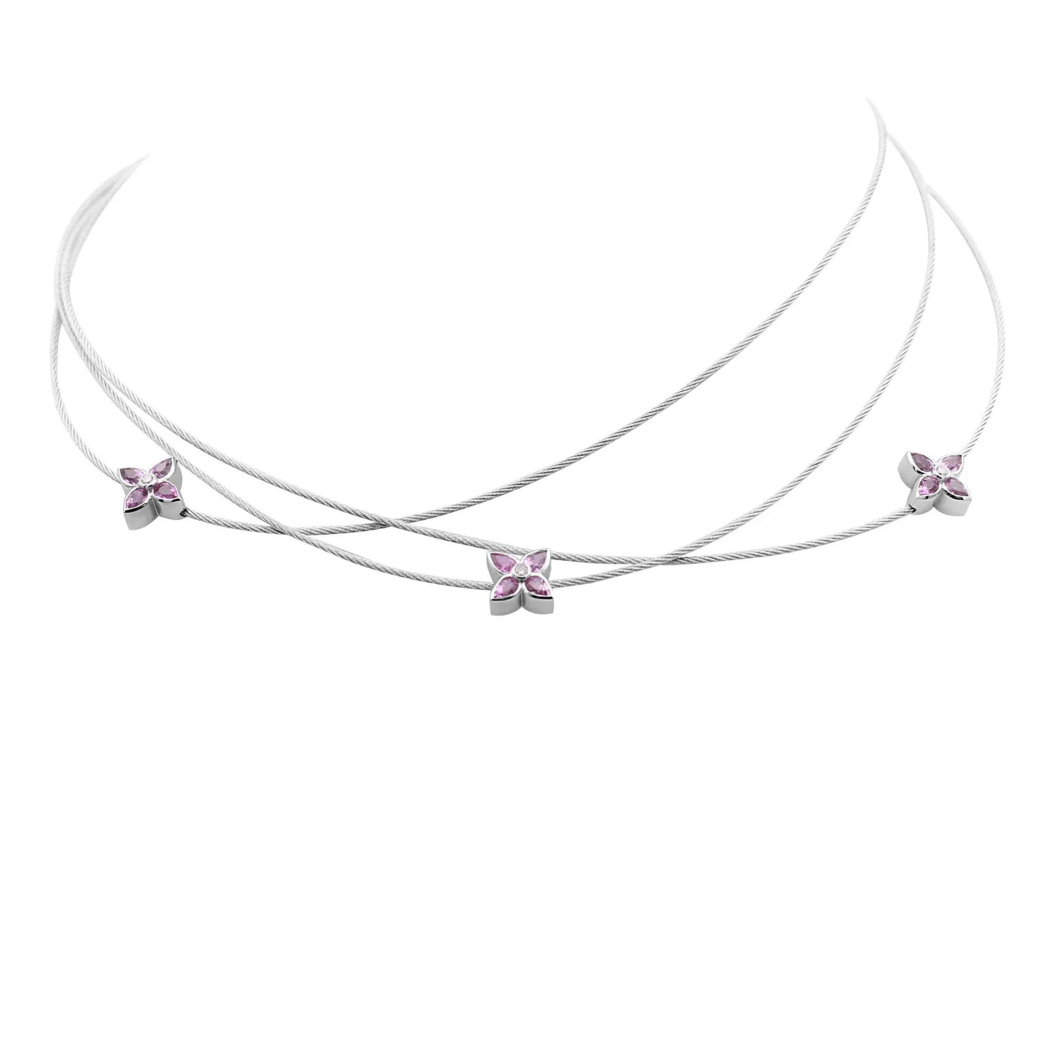 Boodles Flowerpress 3 Strand 18ct White Gold & Pink Sapphire Necklace