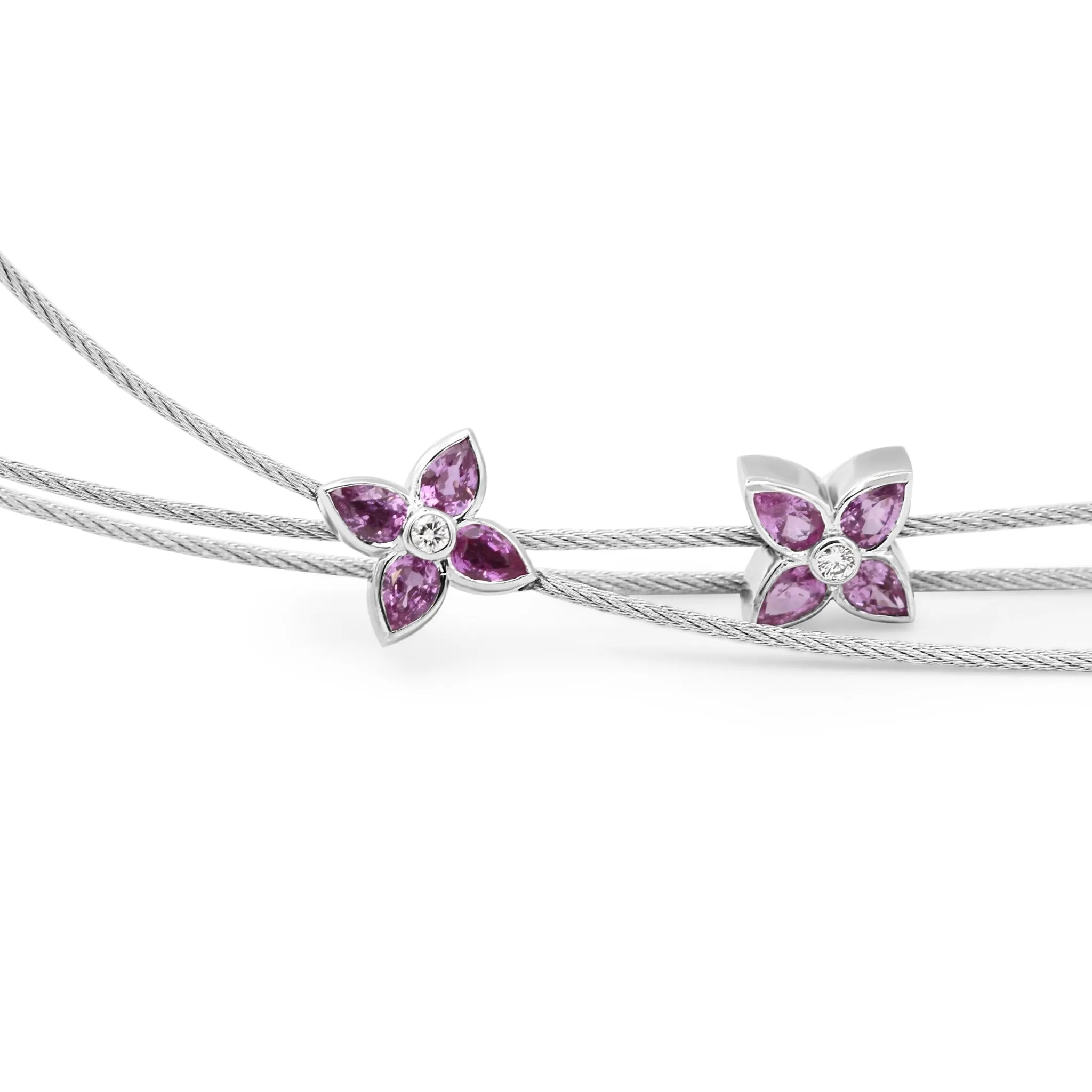 Boodles Flowerpress 3 Strand 18ct White Gold & Pink Sapphire Necklace