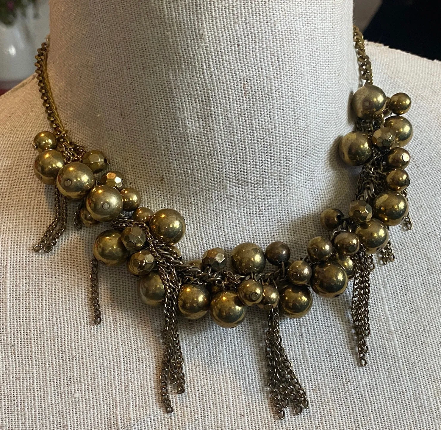 Brass Tone Bead Fringe Tassel Bauble Collar Statement Necklace