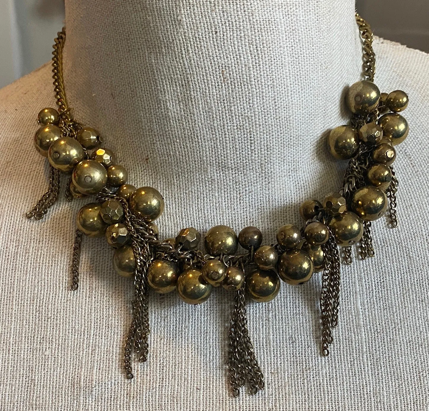 Brass Tone Bead Fringe Tassel Bauble Collar Statement Necklace