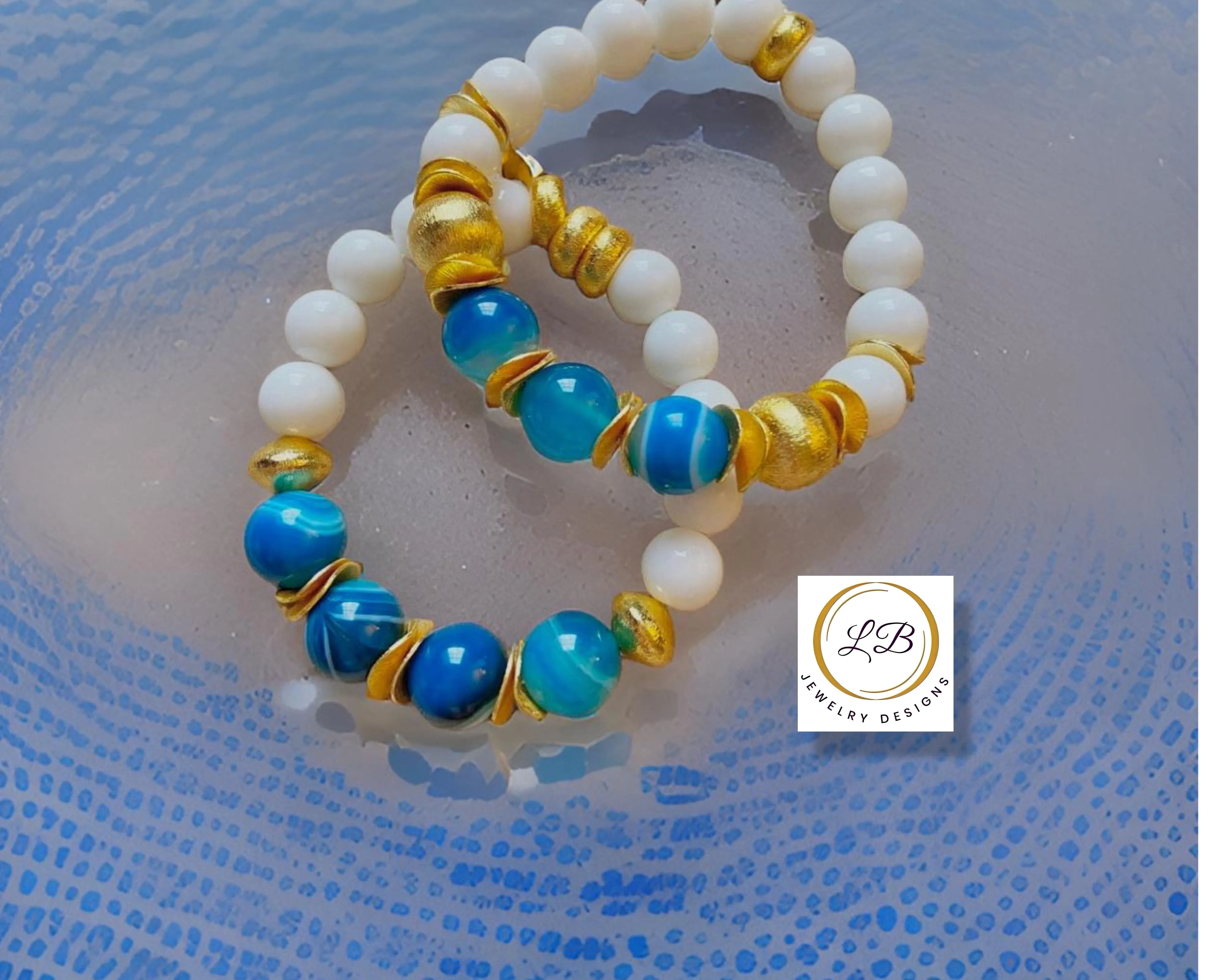 Brushed Gold Vermeil Alabaster & Blue-Banded Agate Gemstone Bracelet