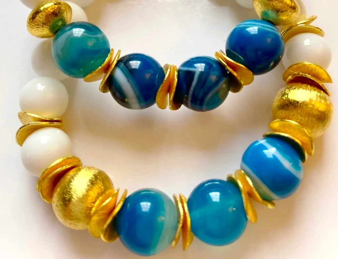 Brushed Gold Vermeil Alabaster & Blue-Banded Agate Gemstone Bracelet