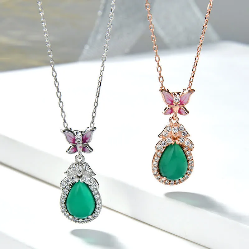 Buddha Stones 925 Sterling Silver Green Chalcedony Butterfly Zircon Courage Necklace Pendant