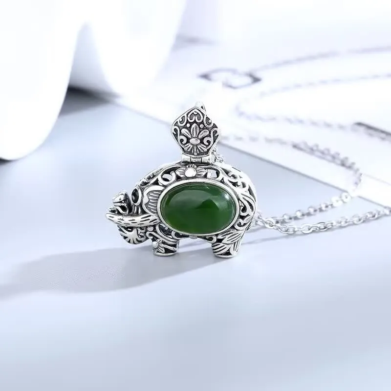 Buddha Stones 925 Sterling Silver Hetian Cyan Jade Elephant Success Necklace Pendant