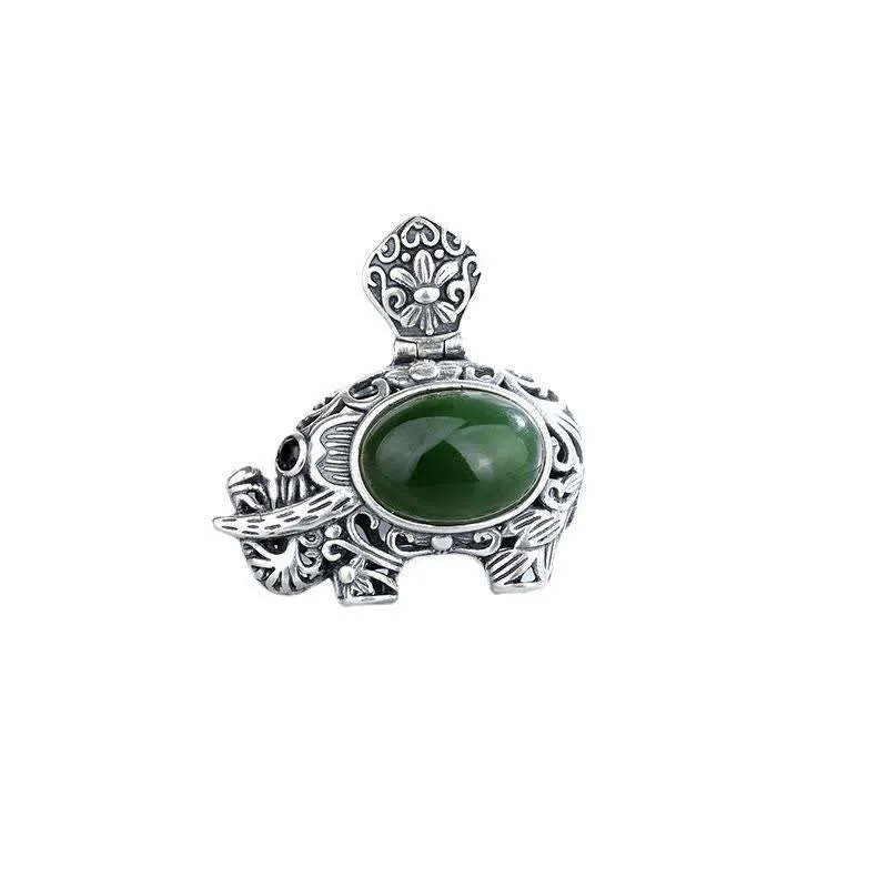 Buddha Stones 925 Sterling Silver Hetian Cyan Jade Elephant Success Necklace Pendant