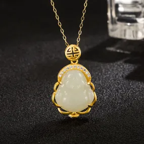 Buddha Stones 925 Sterling Silver Laughing Buddha Hetian White Jade Protection Necklace Pendant