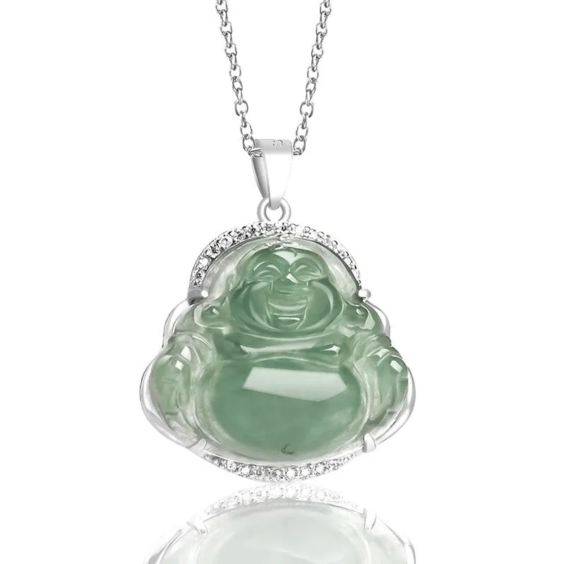 Buddha Stones 925 Sterling Silver Laughing Buddha Natural Jade Luck Prosperity Necklace Chain Pendant