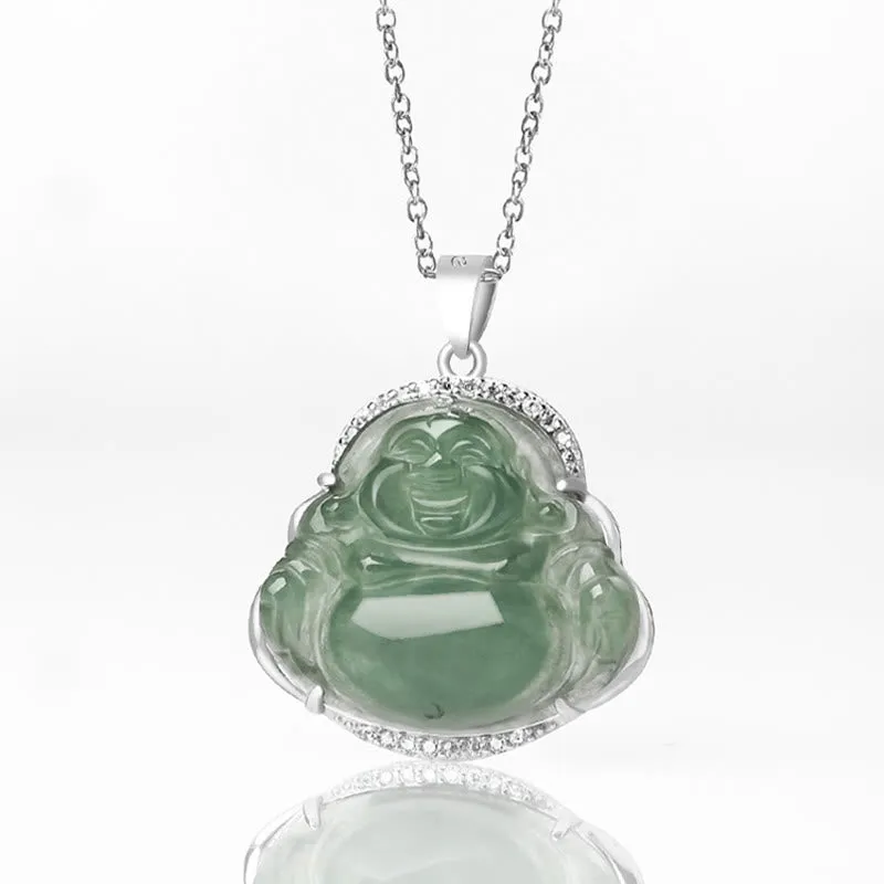 Buddha Stones 925 Sterling Silver Laughing Buddha Natural Jade Luck Prosperity Necklace Chain Pendant