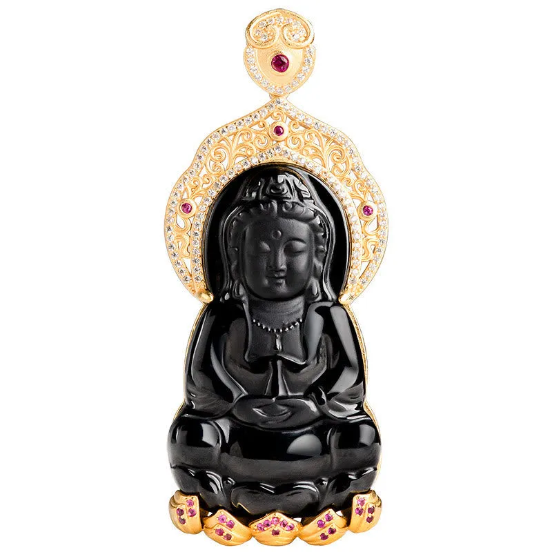 Buddha Stones 925 Sterling Silver Natural Black Jade Kwan Yin Avalokitesvara Wealth Necklace Pendant