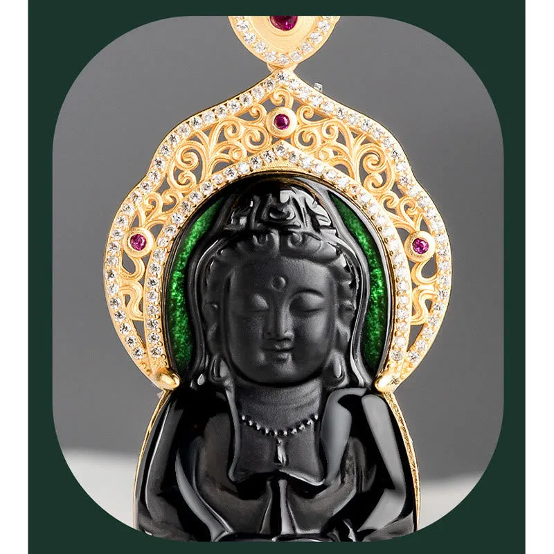 Buddha Stones 925 Sterling Silver Natural Black Jade Kwan Yin Avalokitesvara Wealth Necklace Pendant