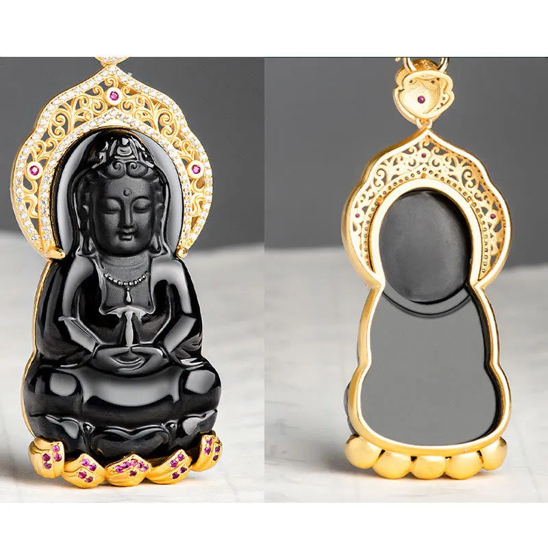 Buddha Stones 925 Sterling Silver Natural Black Jade Kwan Yin Avalokitesvara Wealth Necklace Pendant