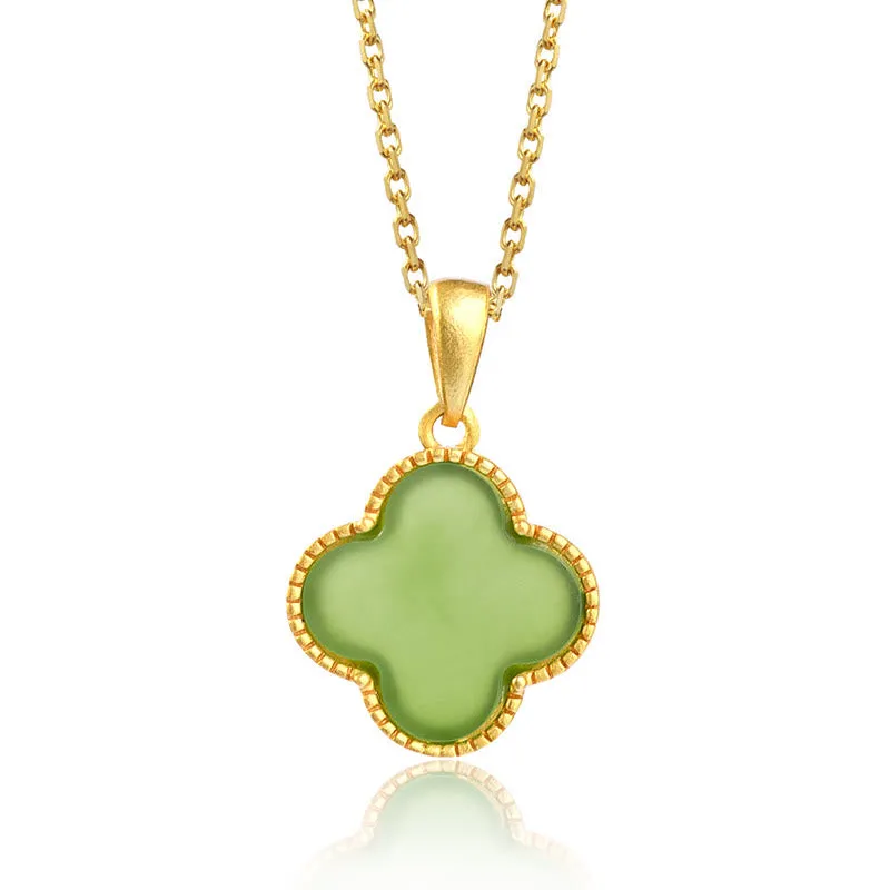 Buddha Stones 925 Sterling Silver Natural Hetian Jade Luck Four Leaf Clover Necklace Pendant