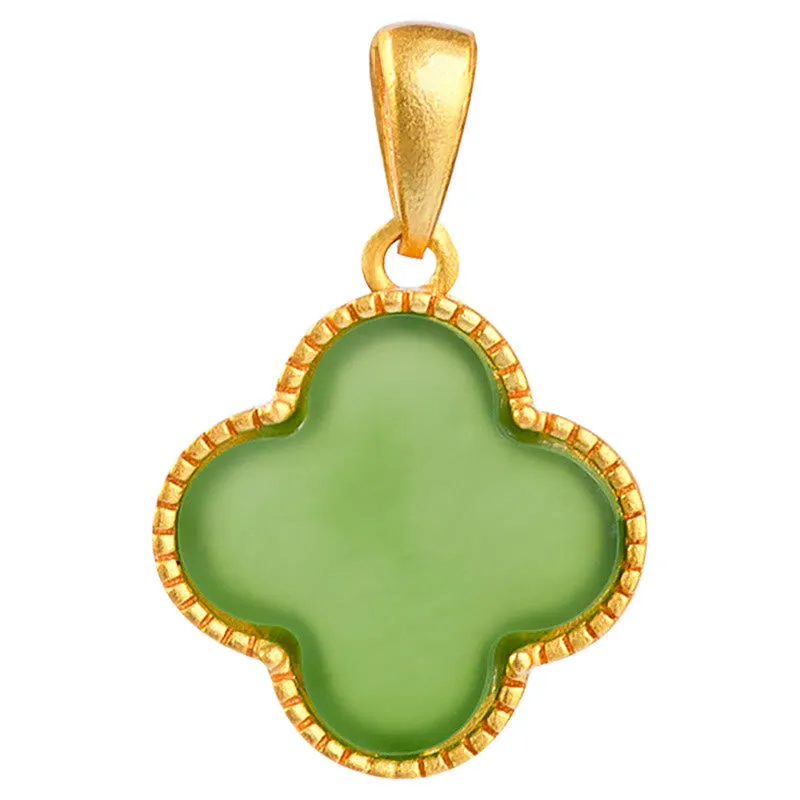 Buddha Stones 925 Sterling Silver Natural Hetian Jade Luck Four Leaf Clover Necklace Pendant