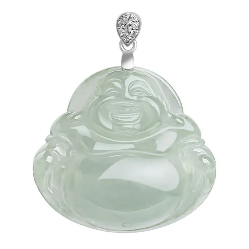 Buddha Stones 925 Sterling Silver Natural Jade Laughing Buddha Prosperity Abundance Chain Necklace Pendant