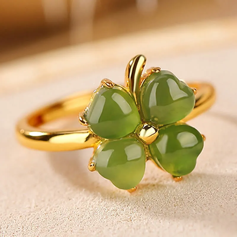 Buddha Stones 925 Sterling Silver Plated Gold Clover Hetian Cyan Jade Abundance Adjustable Ring