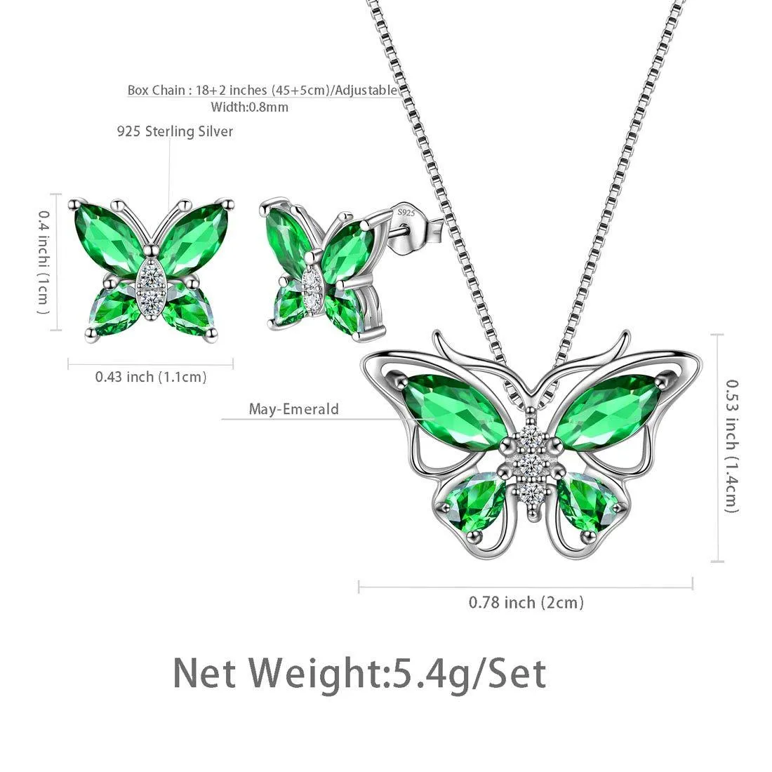 Butterfly Jewelry Set Birthstone May Emerald Women Girls Birthday Gift