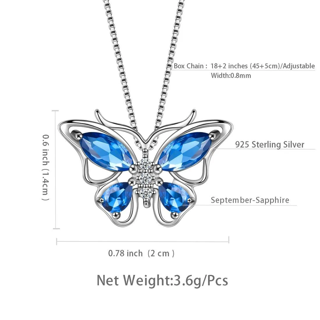 Butterfly Pendant Necklace Birthstone September Sapphire Women Girls Jewelry Birthday Gift