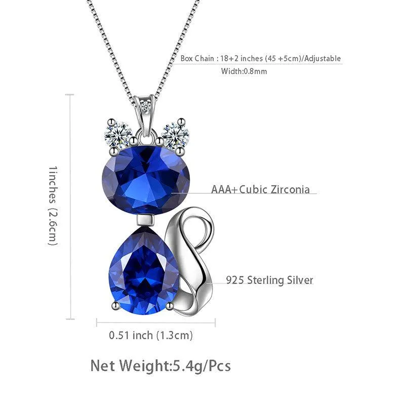 Cat Birthstone September Sapphire Necklace Women Girls Jewelry Birthday Gift Sterling Silver