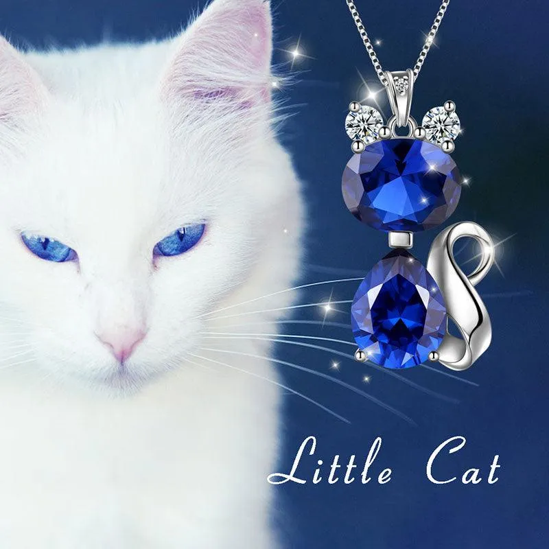 Cat Birthstone September Sapphire Necklace Women Girls Jewelry Birthday Gift Sterling Silver