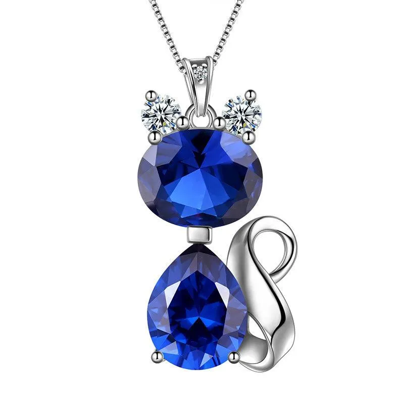 Cat Birthstone September Sapphire Necklace Women Girls Jewelry Birthday Gift Sterling Silver