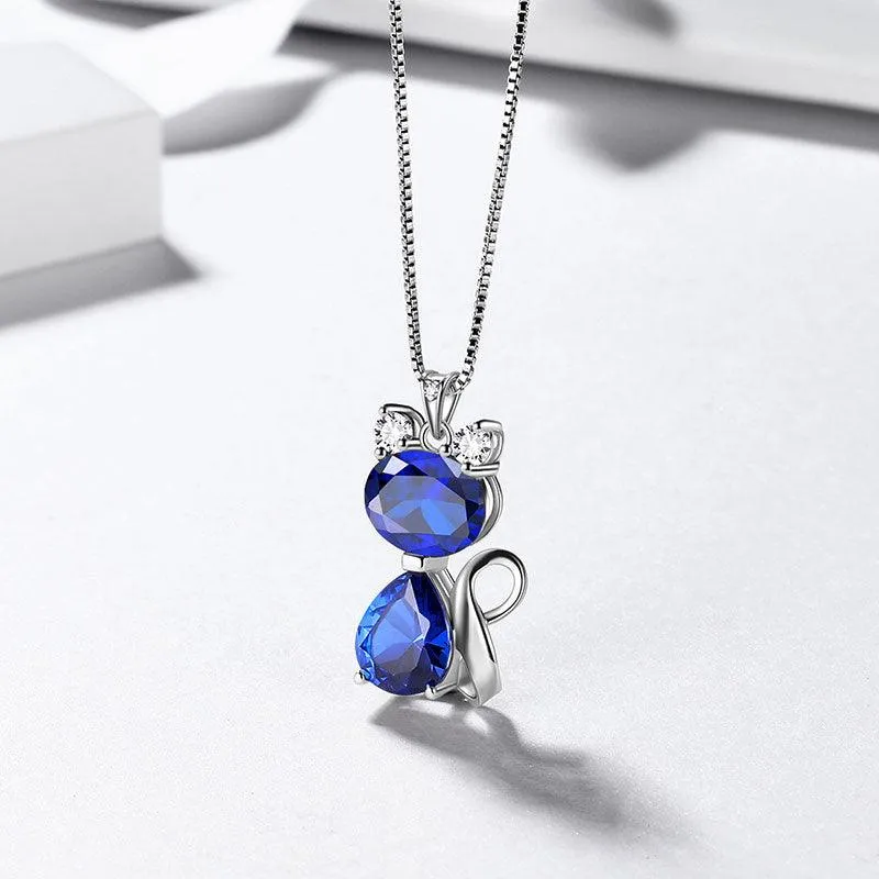 Cat Birthstone September Sapphire Necklace Women Girls Jewelry Birthday Gift Sterling Silver