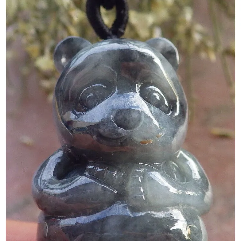 Certified Black Burma Natural A Jade Jadeite Pendant Panda Bear Necklace