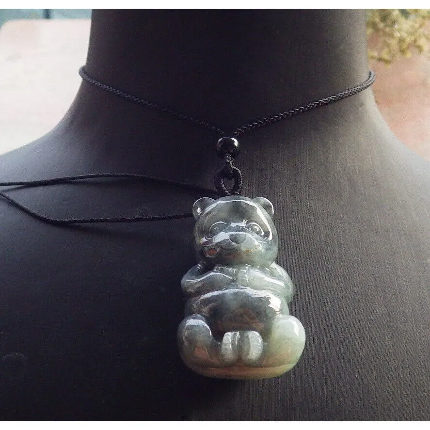 Certified Black Burma Natural A Jade Jadeite Pendant Panda Bear Necklace