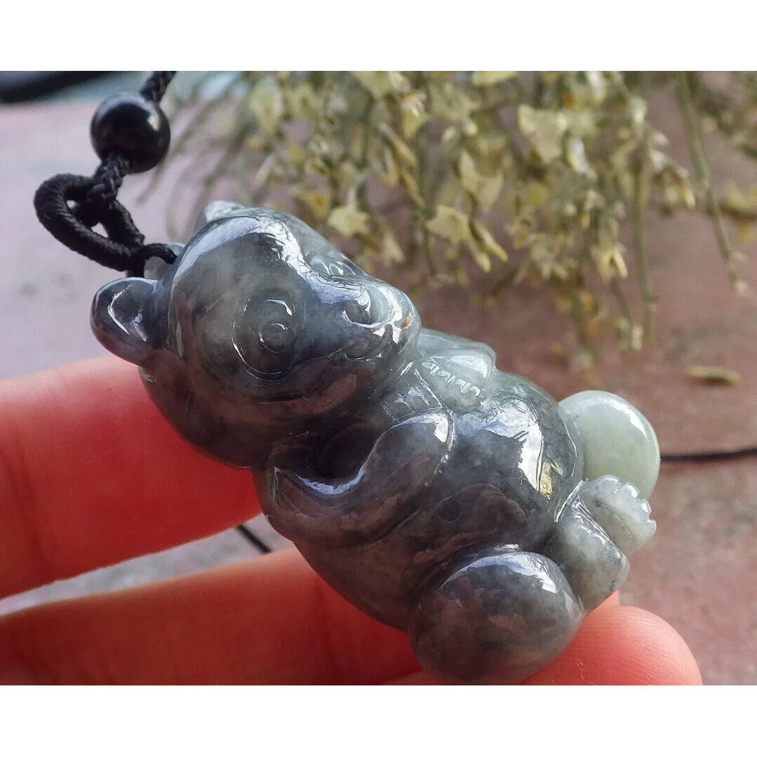 Certified Black Burma Natural A Jade Jadeite Pendant Panda Bear Necklace