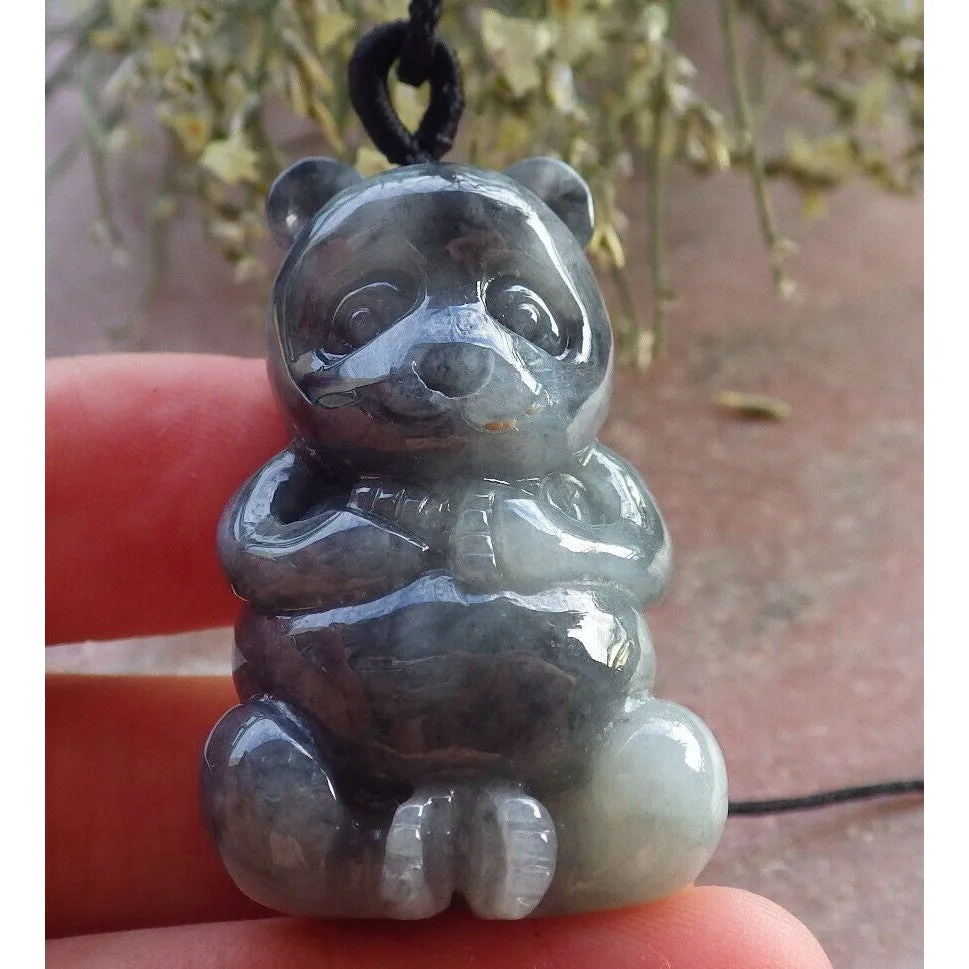 Certified Black Burma Natural A Jade Jadeite Pendant Panda Bear Necklace