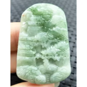 Certified Green Natural A Jade Jadeite Carved Pendant Landscape Painting Necklace