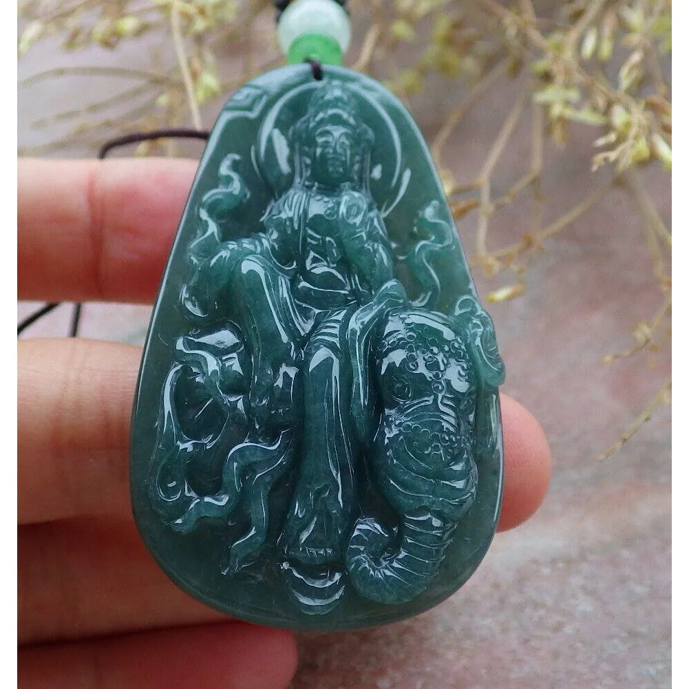 Certified Green Natural A Jade Jadeite Pendant Guanyin Kwan Yin Elephant Necklace